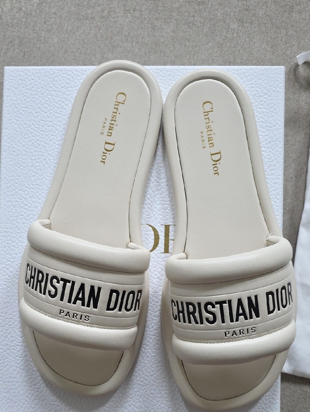 Off-White Christian Dior Cream Logo Slide Sandals